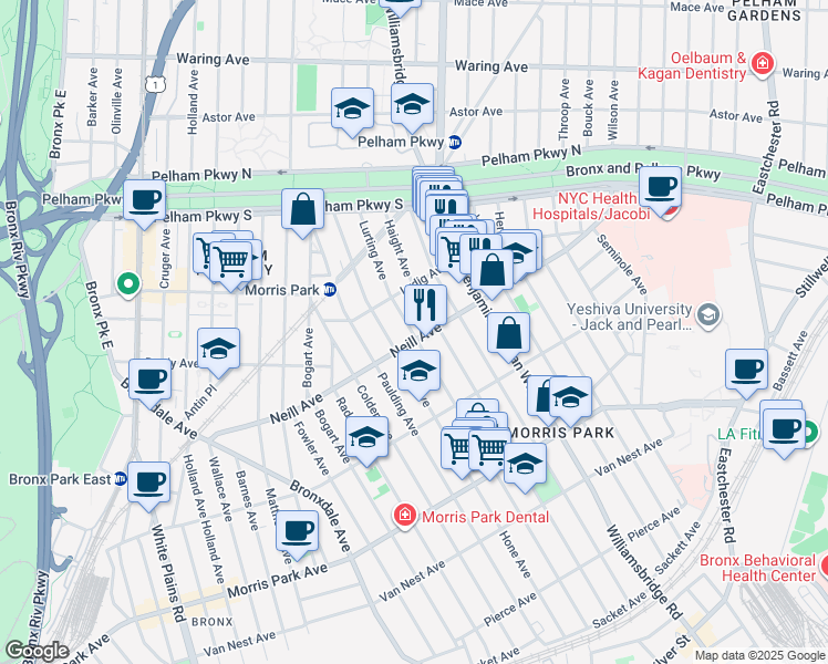 map of restaurants, bars, coffee shops, grocery stores, and more near 2023 Haight Avenue in Bronx