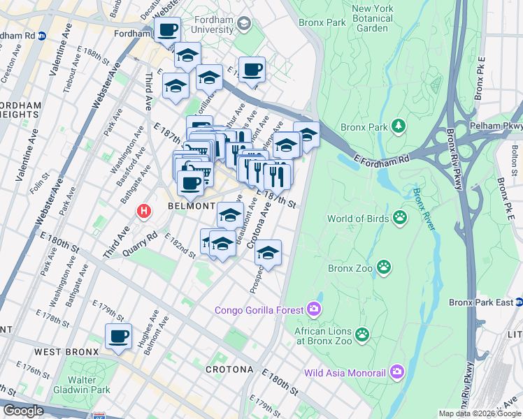 map of restaurants, bars, coffee shops, grocery stores, and more near in The Bronx