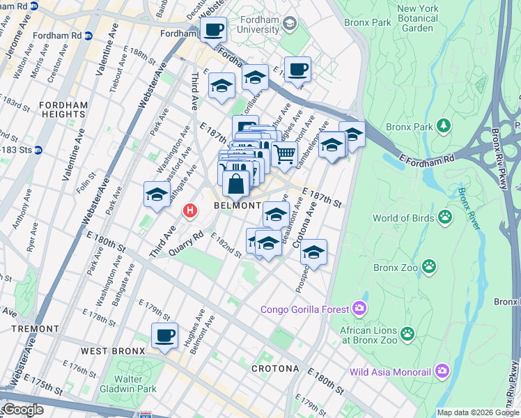 map of restaurants, bars, coffee shops, grocery stores, and more near 631 Crescent Avenue in Bronx
