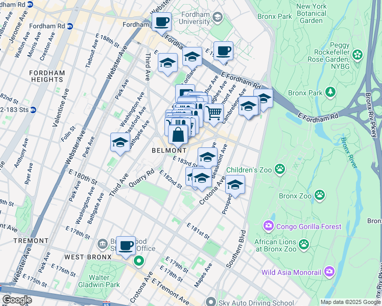 map of restaurants, bars, coffee shops, grocery stores, and more near 631 Crescent Avenue in Bronx
