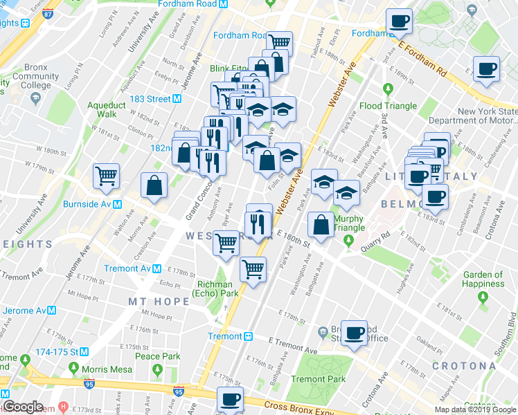 map of restaurants, bars, coffee shops, grocery stores, and more near 308 East 181st Street in Bronx
