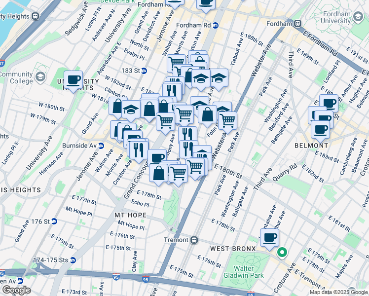 map of restaurants, bars, coffee shops, grocery stores, and more near 2115 Ryer Avenue in Bronx