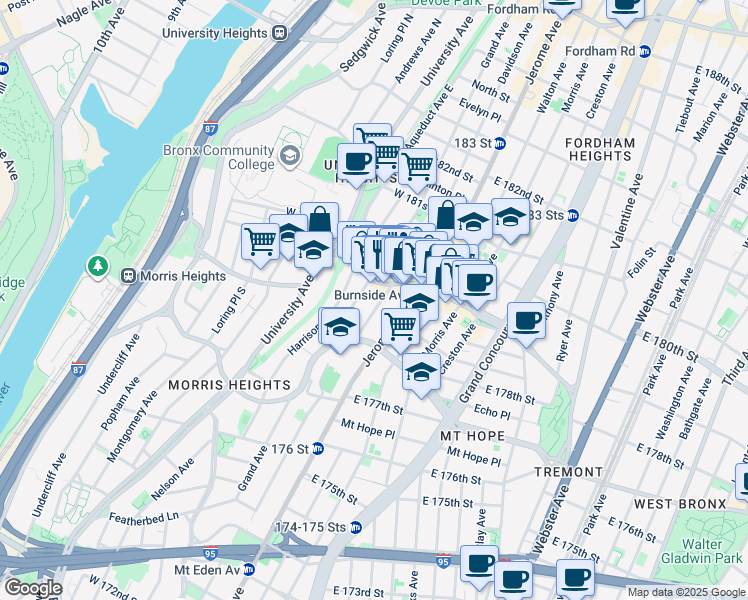 map of restaurants, bars, coffee shops, grocery stores, and more near 49 West Burnside Avenue in The Bronx
