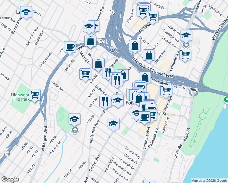 map of restaurants, bars, coffee shops, grocery stores, and more near in Fort Lee