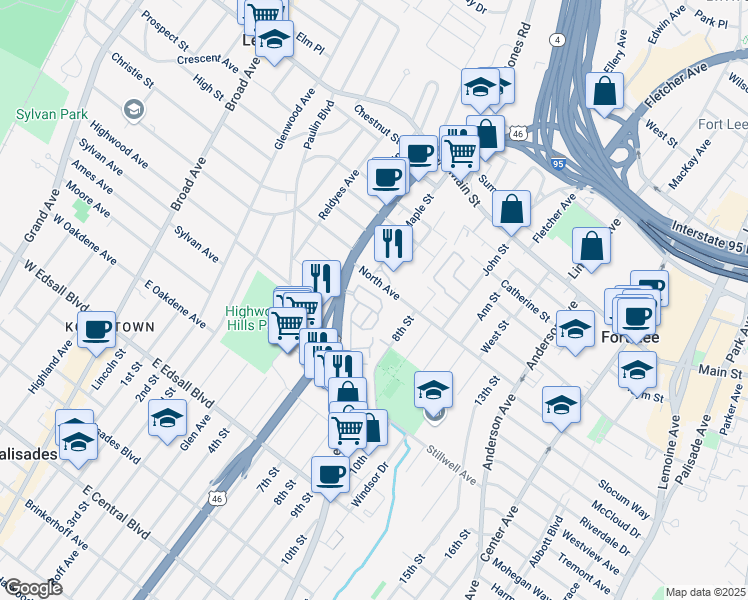 map of restaurants, bars, coffee shops, grocery stores, and more near in Fort Lee