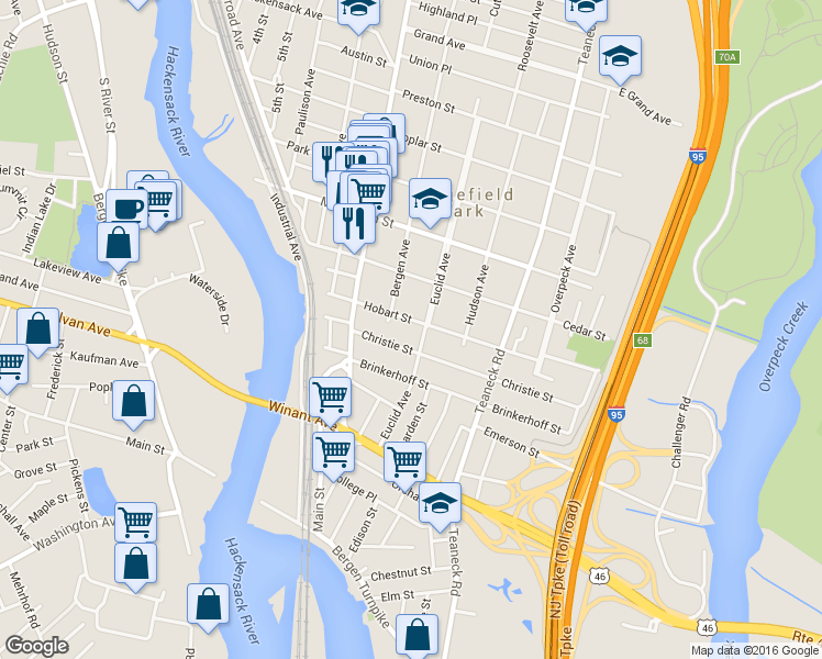 map of restaurants, bars, coffee shops, grocery stores, and more near 65 Hobart Street in Ridgefield Park