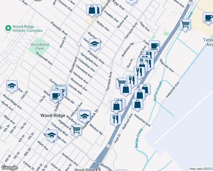 map of restaurants, bars, coffee shops, grocery stores, and more near 83 Terrace Avenue in Hasbrouck Heights