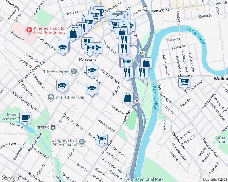 map of restaurants, bars, coffee shops, grocery stores, and more near 111 Paulison Avenue in Clifton