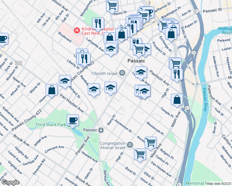 map of restaurants, bars, coffee shops, grocery stores, and more near 198 Passaic Avenue in Passaic