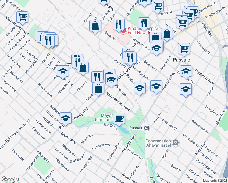 map of restaurants, bars, coffee shops, grocery stores, and more near 374 Broadway in Passaic