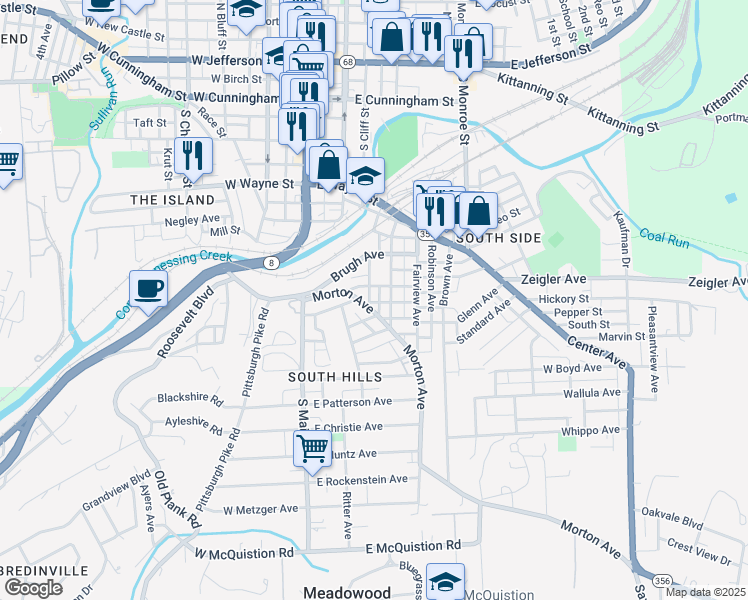 map of restaurants, bars, coffee shops, grocery stores, and more near 114 Mackey Avenue in Butler