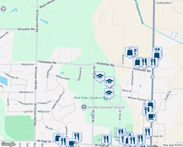 map of restaurants, bars, coffee shops, grocery stores, and more near 1175 North Elm Street in Orrville