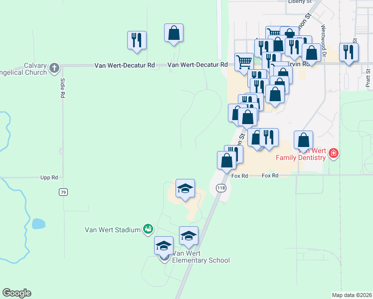 map of restaurants, bars, coffee shops, grocery stores, and more near in Van Wert