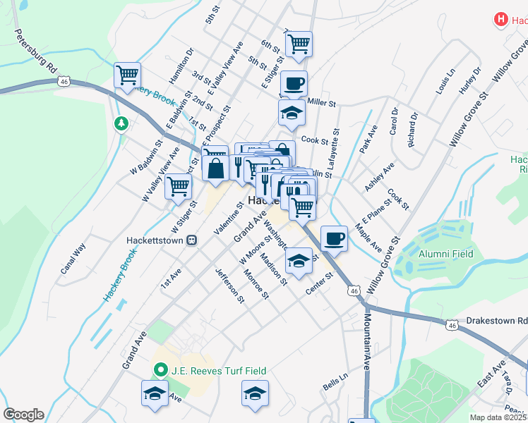 map of restaurants, bars, coffee shops, grocery stores, and more near 120 Main Street in Hackettstown