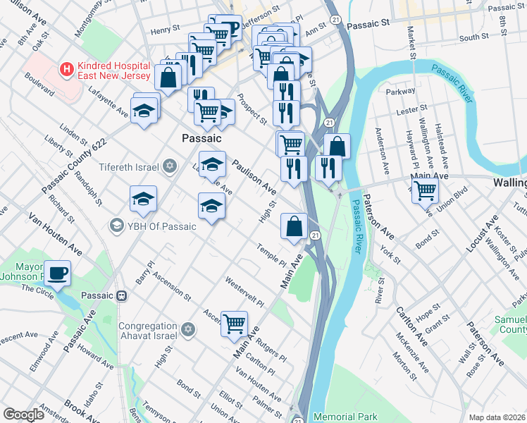map of restaurants, bars, coffee shops, grocery stores, and more near 111 Paulison Avenue in Clifton