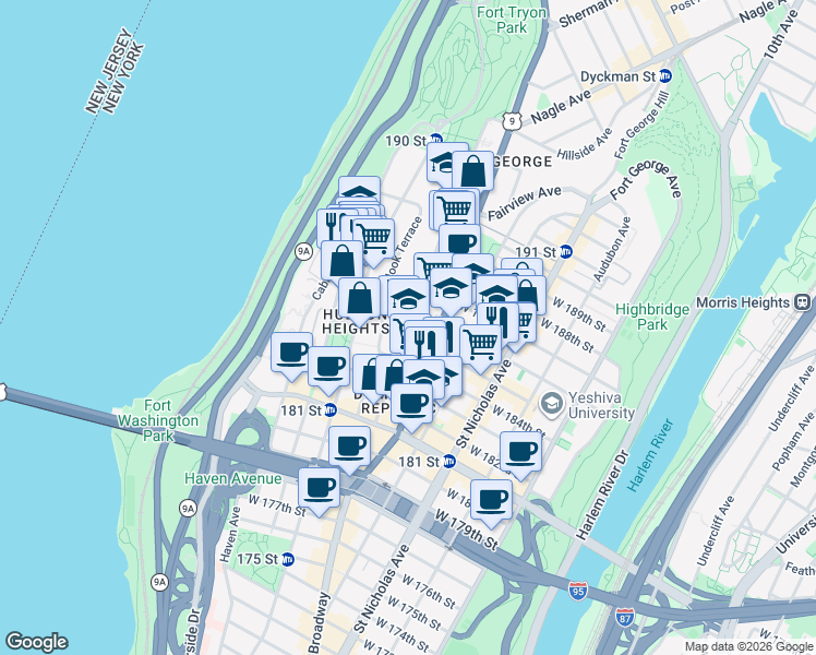 map of restaurants, bars, coffee shops, grocery stores, and more near 114 Bennett Avenue in New York