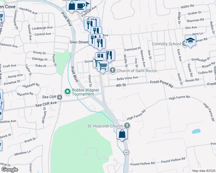 map of restaurants, bars, coffee shops, grocery stores, and more near 8 4th Street in Glen Cove
