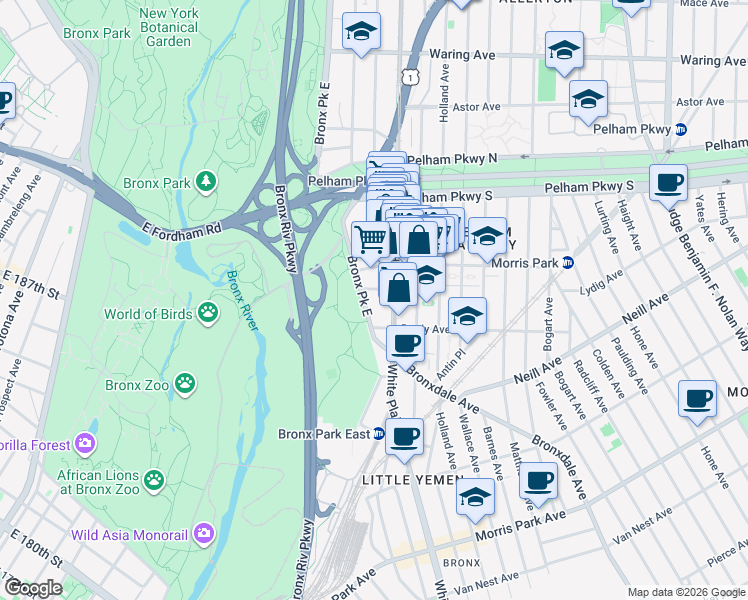 map of restaurants, bars, coffee shops, grocery stores, and more near 2084 Bronx Park East in Bronx