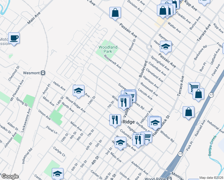 map of restaurants, bars, coffee shops, grocery stores, and more near 324 Sussex Road in Wood-Ridge
