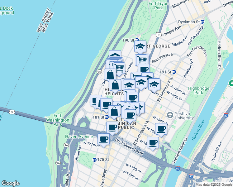 map of restaurants, bars, coffee shops, grocery stores, and more near 540 Fort Washington Avenue in New York