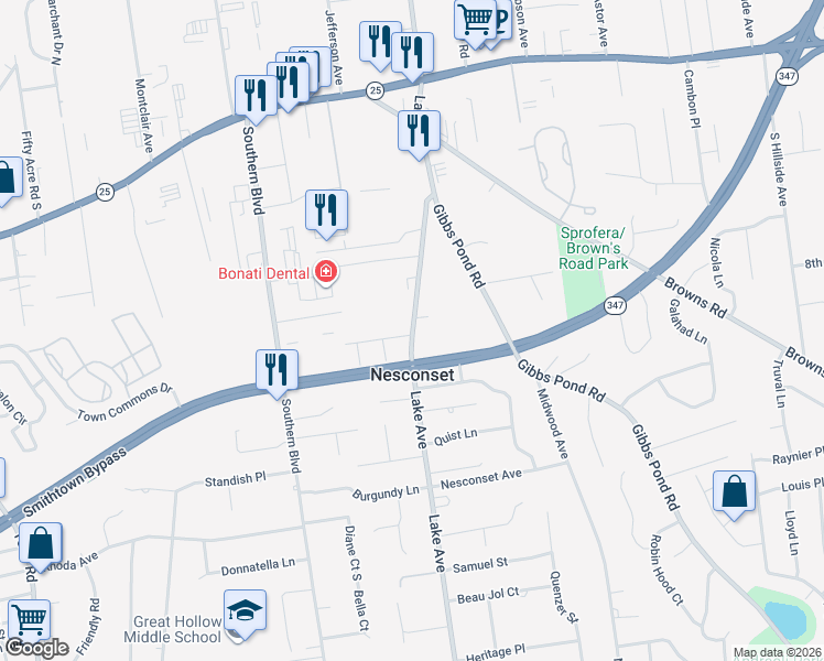 map of restaurants, bars, coffee shops, grocery stores, and more near 146 Lake Avenue in Nesconset