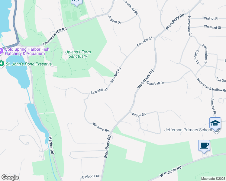 map of restaurants, bars, coffee shops, grocery stores, and more near 61 Saw Mill Road in Cold Spring Harbor