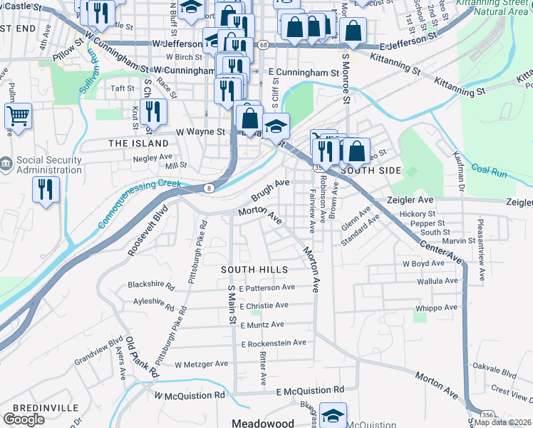 map of restaurants, bars, coffee shops, grocery stores, and more near 114 Mackey Avenue in Butler