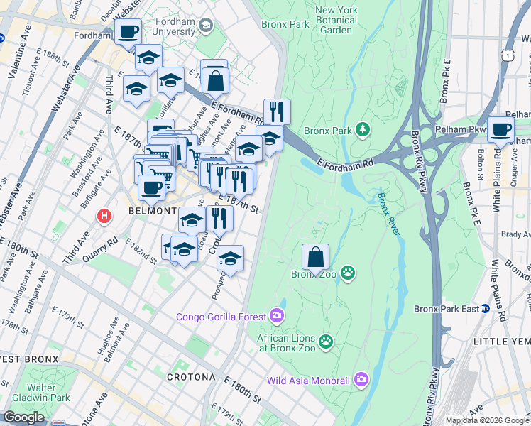 map of restaurants, bars, coffee shops, grocery stores, and more near Southern Blvd & E 187th St in Bronx
