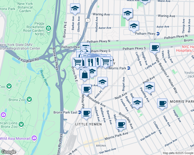 map of restaurants, bars, coffee shops, grocery stores, and more near 760 Lydig Avenue in The Bronx