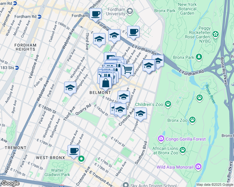 map of restaurants, bars, coffee shops, grocery stores, and more near 631 Crescent Avenue in Bronx