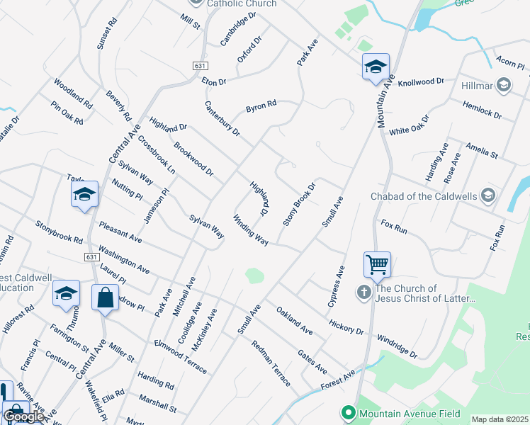map of restaurants, bars, coffee shops, grocery stores, and more near Highland Drive in Caldwell