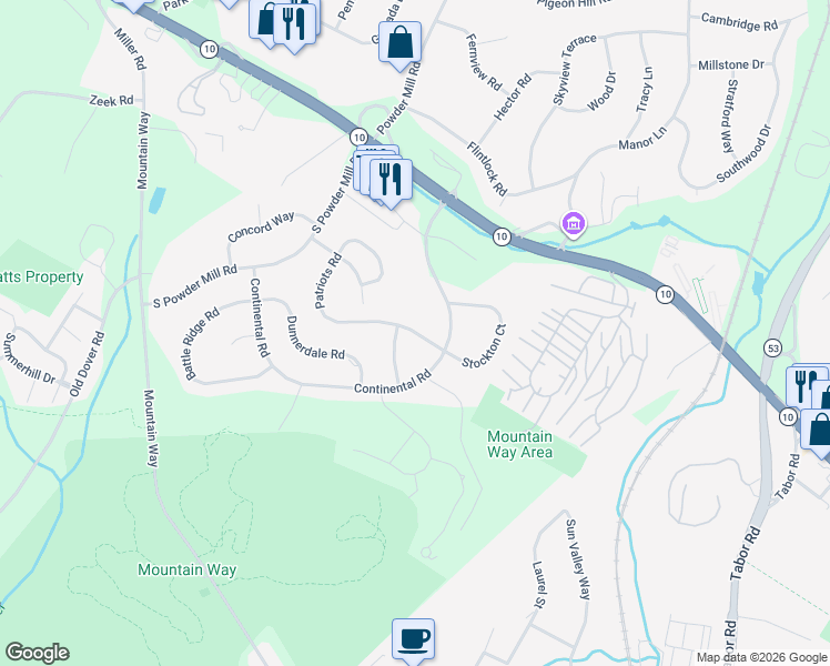 map of restaurants, bars, coffee shops, grocery stores, and more near 174 Patriots Road in Morris Plains