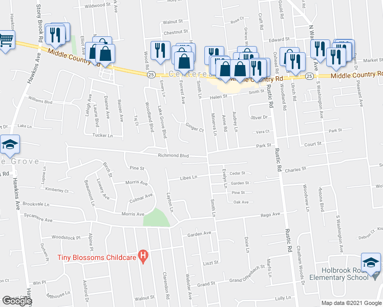 map of restaurants, bars, coffee shops, grocery stores, and more near 7 Richmond Boulevard in Centereach