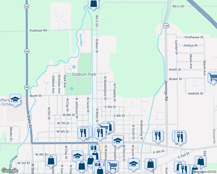 map of restaurants, bars, coffee shops, grocery stores, and more near 254-298 E 12th St in Delphos