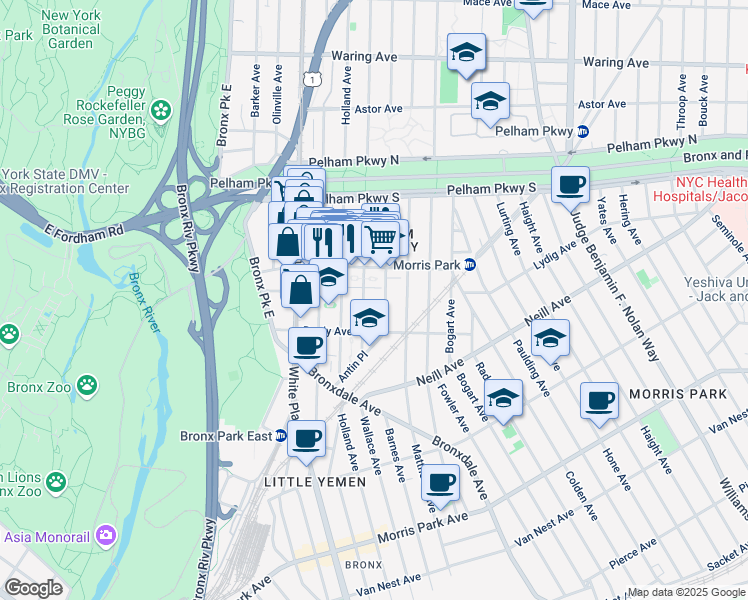 map of restaurants, bars, coffee shops, grocery stores, and more near in The Bronx