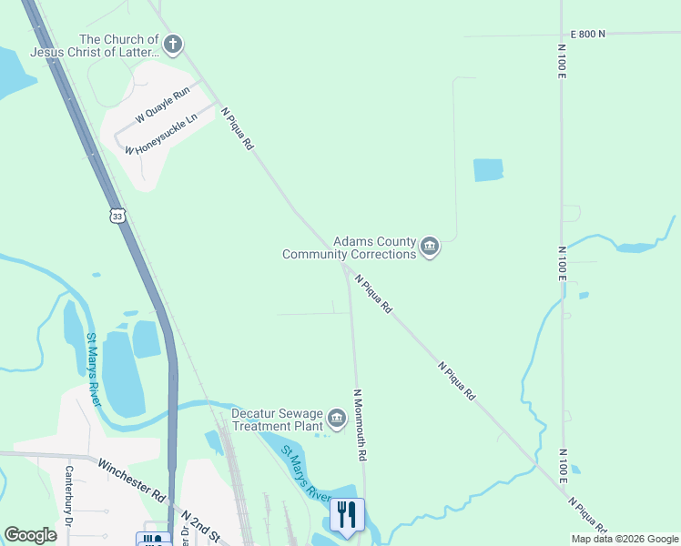 map of restaurants, bars, coffee shops, grocery stores, and more near 7535-7581 North Piqua Road in Decatur
