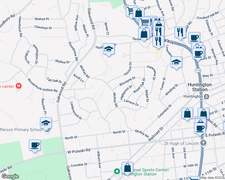 map of restaurants, bars, coffee shops, grocery stores, and more near Mckay Road & Biscayne Drive in Huntington