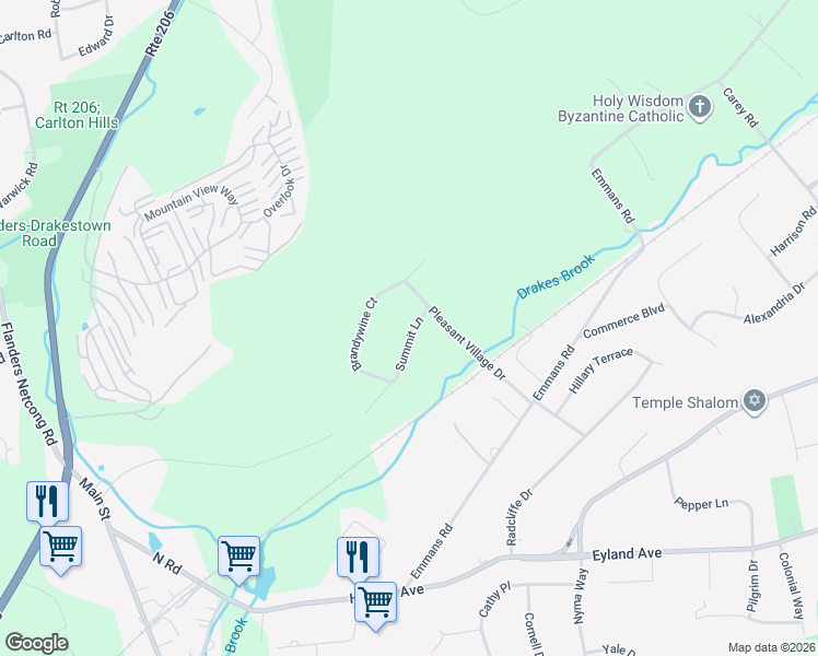 map of restaurants, bars, coffee shops, grocery stores, and more near 10 Brandywine Court in Roxbury Township