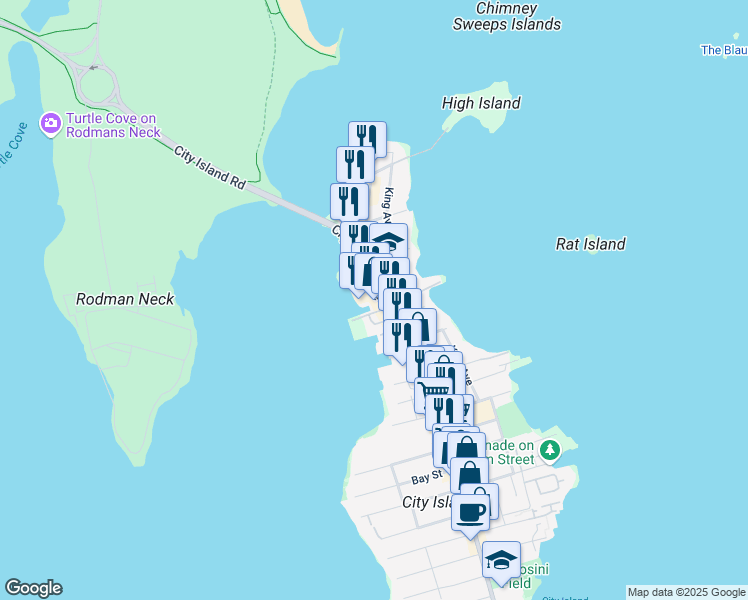 map of restaurants, bars, coffee shops, grocery stores, and more near 555 City Island Avenue in The Bronx