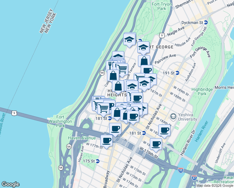 map of restaurants, bars, coffee shops, grocery stores, and more near Fort Washington Ave & W 185th St in New York