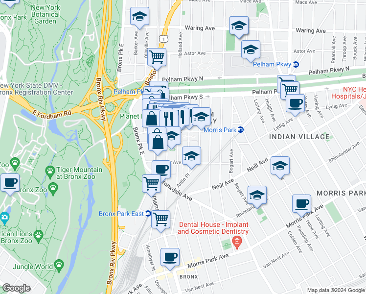 map of restaurants, bars, coffee shops, grocery stores, and more near 760 Lydig Avenue in The Bronx