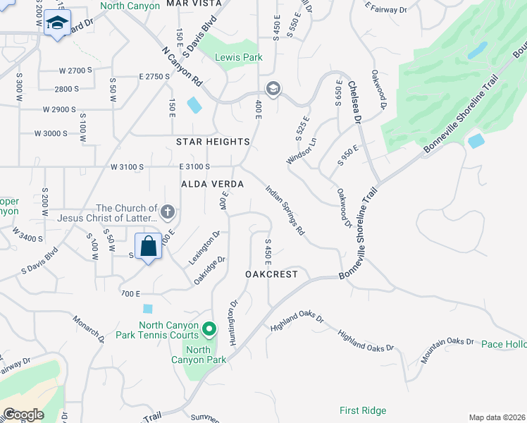 map of restaurants, bars, coffee shops, grocery stores, and more near 445 Indian Springs Road in Bountiful