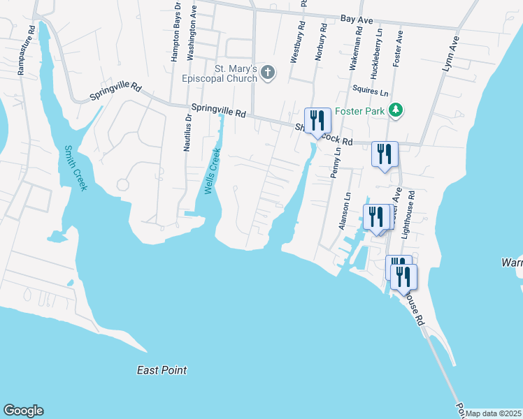 map of restaurants, bars, coffee shops, grocery stores, and more near 25A Gardners Lane in Hampton Bays