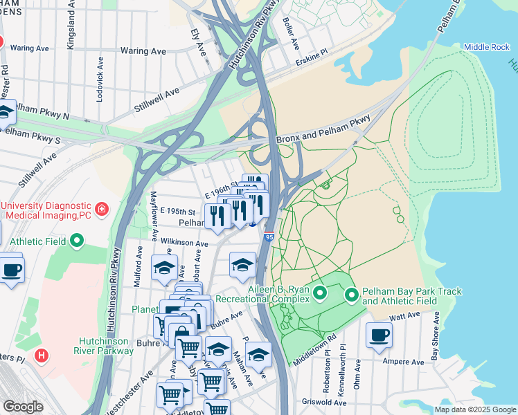 map of restaurants, bars, coffee shops, grocery stores, and more near 2000 Burr Avenue in Bronx