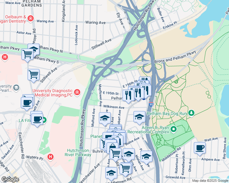map of restaurants, bars, coffee shops, grocery stores, and more near 2889 East 196th Street in Bronx