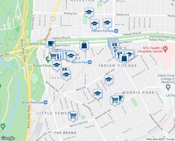 map of restaurants, bars, coffee shops, grocery stores, and more near 2121A Paulding Avenue in Bronx