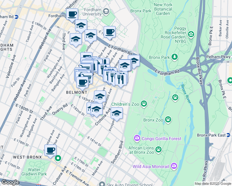 map of restaurants, bars, coffee shops, grocery stores, and more near in The Bronx