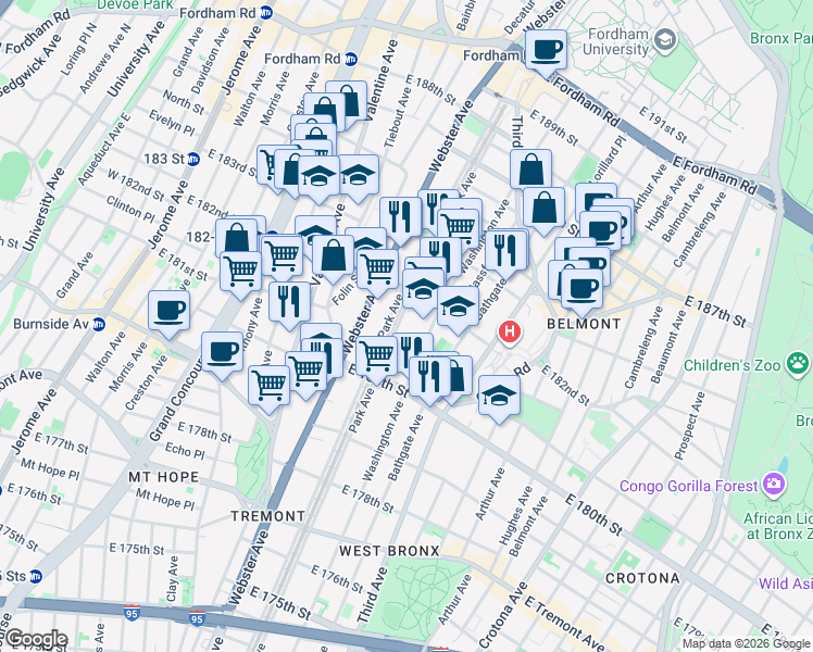 map of restaurants, bars, coffee shops, grocery stores, and more near 4455 Park Avenue in Bronx