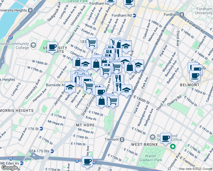 map of restaurants, bars, coffee shops, grocery stores, and more near in The Bronx