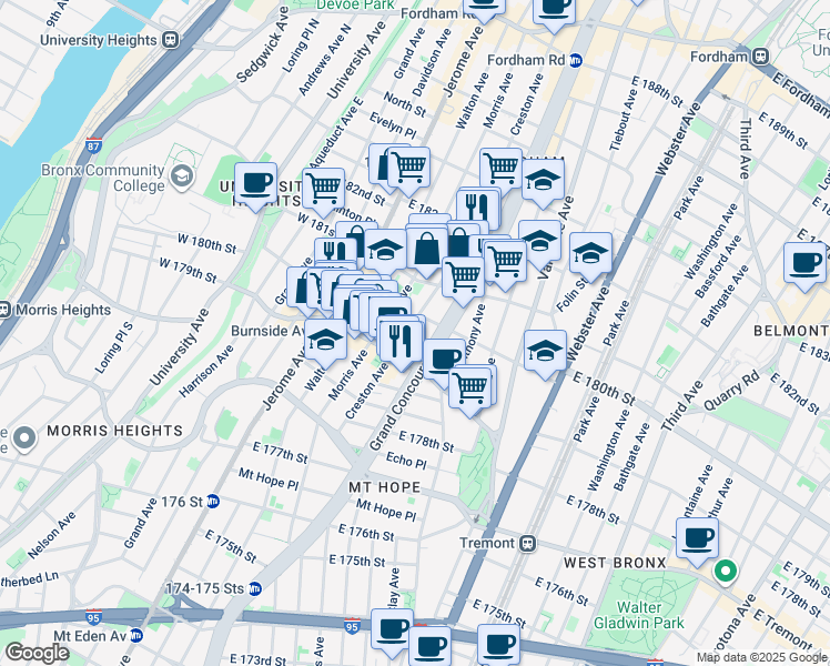 map of restaurants, bars, coffee shops, grocery stores, and more near 2086 Creston Avenue in Bronx